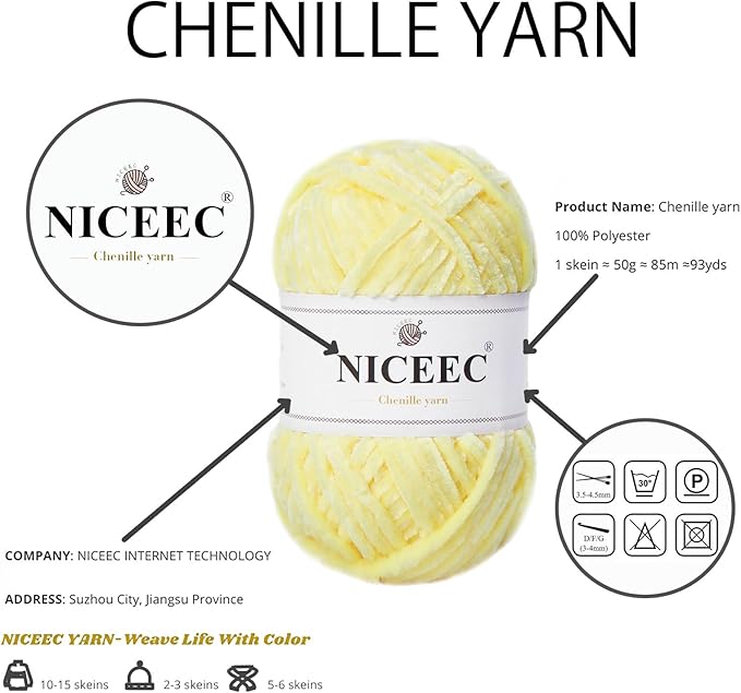 NICEEC 3 Skeins Soft Chenille Yarn Blanket Yarn for Knitting Fancy Yarn for Crochet Weaving DIY Craft Total Length 3×85m (3×93yds, 3×50g)_Light Yellow