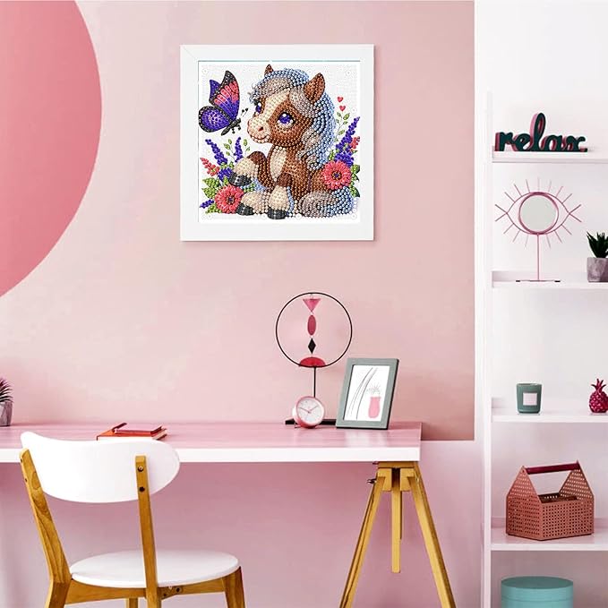 Horse Diamond Art Painting Kits for Kids with Frame, Animal Diamond Art for Kids Ages 4-8-12 with Frame, Easy Small Cute Gem Painting Kit for Gift Home Wall Decoration (7x7 inch)