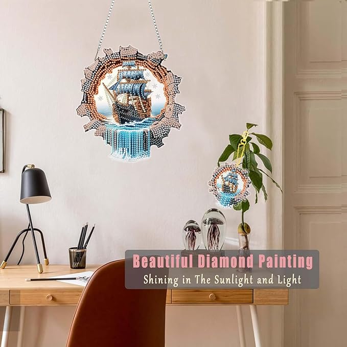 Masendp Hanging Diamond Art Decoration Kit 5D Diamond Painting Kit, DIY Ocean Sailboat Themed Diamond Art Kit Suitable for Beginners, Adults, Home Wall and Garden Decoration