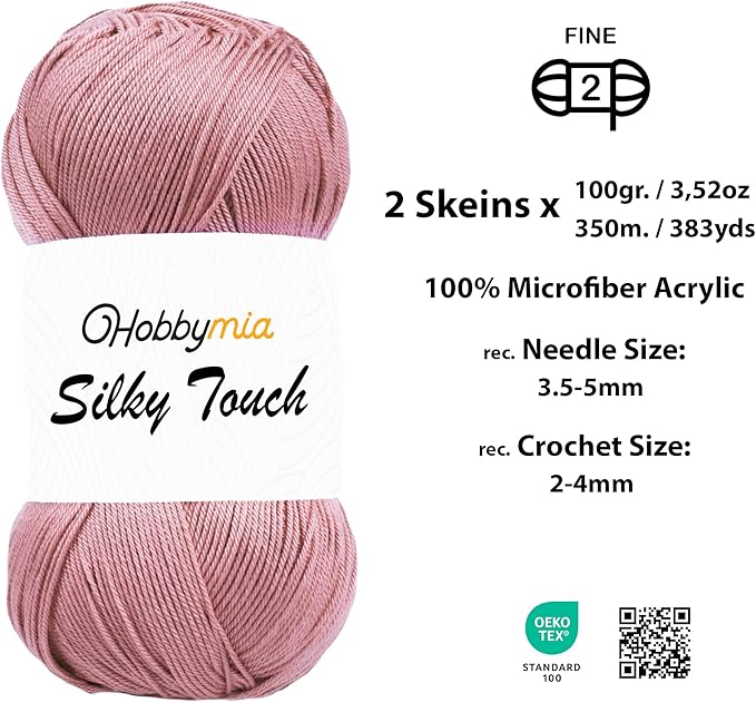 Silky Touch Acrylic Yarn - Soft Sport Weight Yarn for Crochet & Knitting - 100g / 383yds - 100% Microfiber Acrylic - Lightweight Fine Smooth Yarn(Pink - Rhodonite Stone, 2 Skeins)