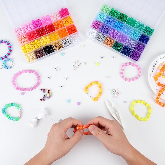 QUEFE 1900pcs,48 Colors, Pony Beads Bracelet Making Kit, Rainbow Kandi Beads Friendship Bracelet Kit, Letter Beads For Jewelry Making with Elastic Strings for Bracelet Necklace Making, Craft Gifts Set