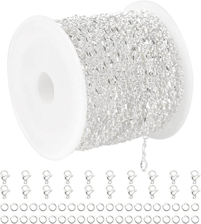 YOUBEIYEE 32.8 Feet Silver Chain for Jewelry Making Silver Plated Brass Link Chain Women Necklace Bracelet DIY Jewelry Chain Roll