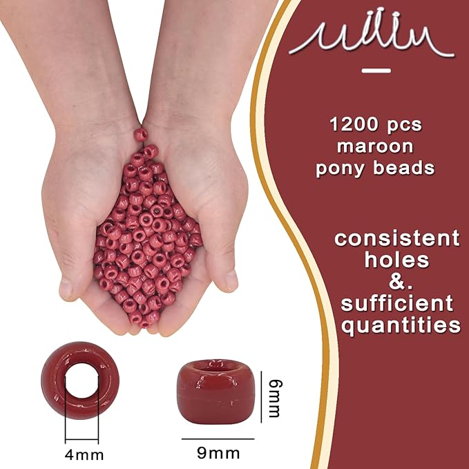 MIIIM 1200 Pcs 6x9mm Pony Beads Bulk - Brick Red Pony Beads for Bracelets, Kandi, Hair Braids & Jewelry Making