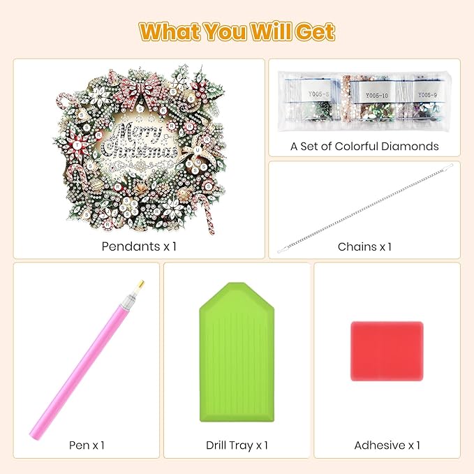 MOGTAA Christmas Diamond Art Hanging Kits for Adults Kids, Christmas Wreath Diamond Art Suncatchers, 5D Special Shape Crystal Rhinestones Window Pendant Kit for Home Garden Wall Decor