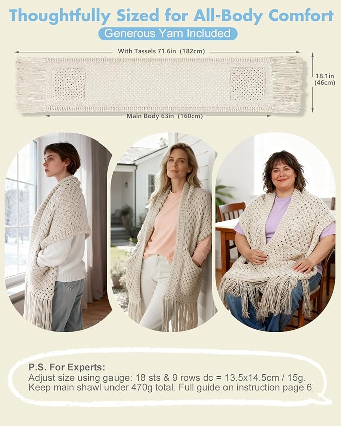 Arborthread Crochet Kit for Beginners, Easy Pocket Shawl & Scarf Crochet Kit for Adults w/Ample Premium Yarn to Fit Different Sizes, Step-by-Step Video & Instructions, Light Khaki