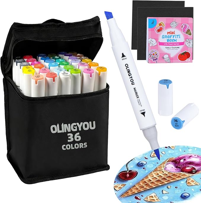 36 Colors Fine & Chisel Dual Tip Marker Set,Permanent Art Markers for for Adult Coloring Books,Alcohol Markers Stocking Stuffers(White Barrel)