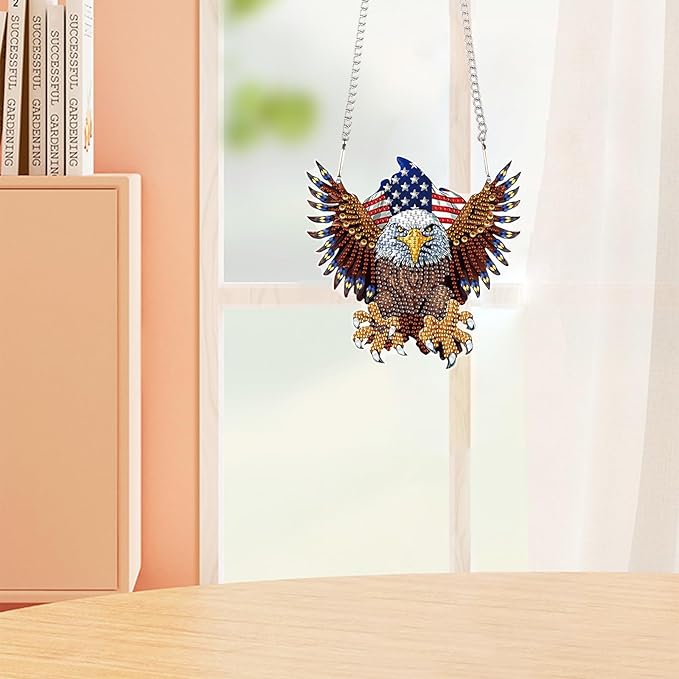 DIY Diamond Art Hanging Kits for Adults, Patriotic American Flag Owl Special Shaped Crystal Diamond Painting Ornament, Acrylic Window Suncatcher Pendant with Chain for Independence Day Home Decor Gift