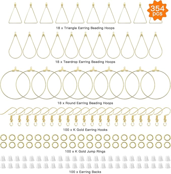354pcs earring making kit jewelry making supplies bulk earring findings with with teardrop triangle round beading hoop,earring hooks,jump rings,earring backs for diy earring crafts(k gold)