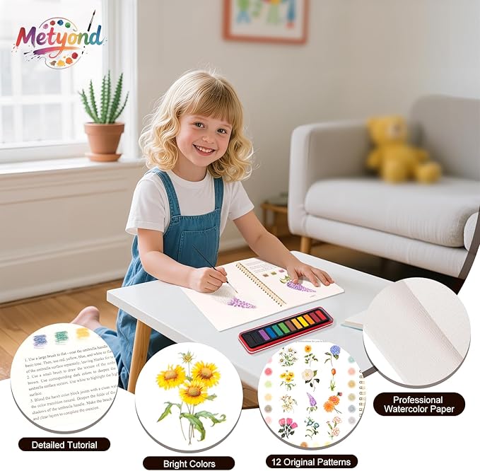 Metyond Beginner Watercolor Workbook Kit - Watercolor Painting Kit with 1 Workbook 12 Colors Paint Set with Brush, Beginner Friendly Watercolor Paint Set Gift for Adults Teens (Flowers)