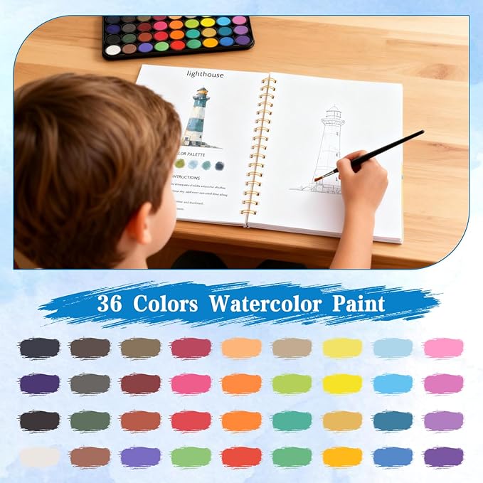 Watercolor Workbook，36 Colors Water Coloring Book Paint Set for Adults,12 Different Patterns of Original DIY Designs, Beginner-Friendly Watercolor Workbooks with Palette and Brush (Ocean)