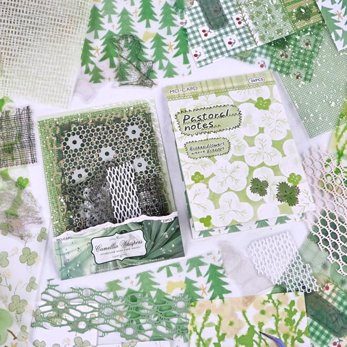 Diuhofart Scrapbook Textured Papers for Crafts, Green Theme Hollow Mesh Craft Paper Sticker, 47Pcs Collage Materials for Junk Journaling Supplies Scrapbooking