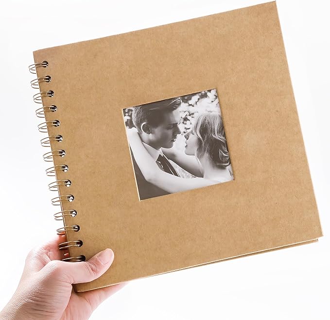 Scrapbook 8 x 8 Inch DIY Square Photo Window + 3 Corner Stickers, Photo Album Hardcover Kraft Paper Brown 20 Sheets/ 40 Pages