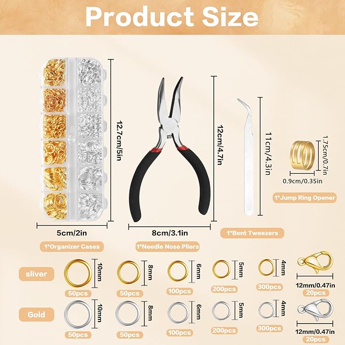 1440 pcs jump rings for jewelry making kits, silver gold jewelry jump ringsjewelry repair kit for necklaces lobster clasps diy crafts keychains repair supplies tools, with pliers/tweezers/ring