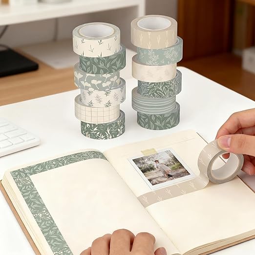 12 Rolls Watercolor Floral Washi Tape Set 15 mm Vintage Flower Decorative Masking Tape for Spring Arts DIY Craft Scrapbook Journal Supplies Gift Wrapping(Sage Green,Leaves)