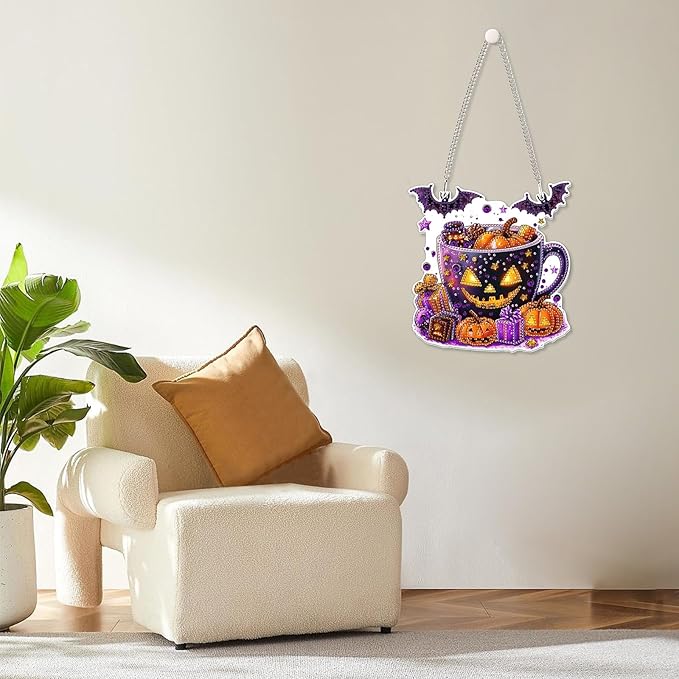 MOGTAA Halloween Diamond Art Hanging Pendant Kits, Pumpkin Diamond Art Kits for Adults, 5D Special Shape Diamond Painting Animal Gem Art for Home Garden Wall Decor