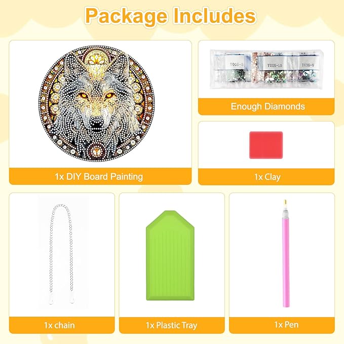 TOSTOG Diamond Art Hanging Kits for Adults, 5D Wolf Diamond Painting for Adults Window Pendant, Special Shape Diamonds Yellow Eye Wolf Diamond Painting Hanging Pendant Kit for Wall Decor Gift