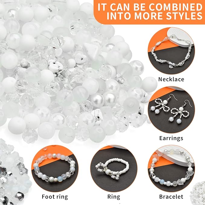 Rired 27 900pcs Snow White Beads for Jewelry Making, 12 Types Assorted Bead in One Box, Including Round/Glass Pony Beads/Rondelle/Rock/Bicone and Seed Bead