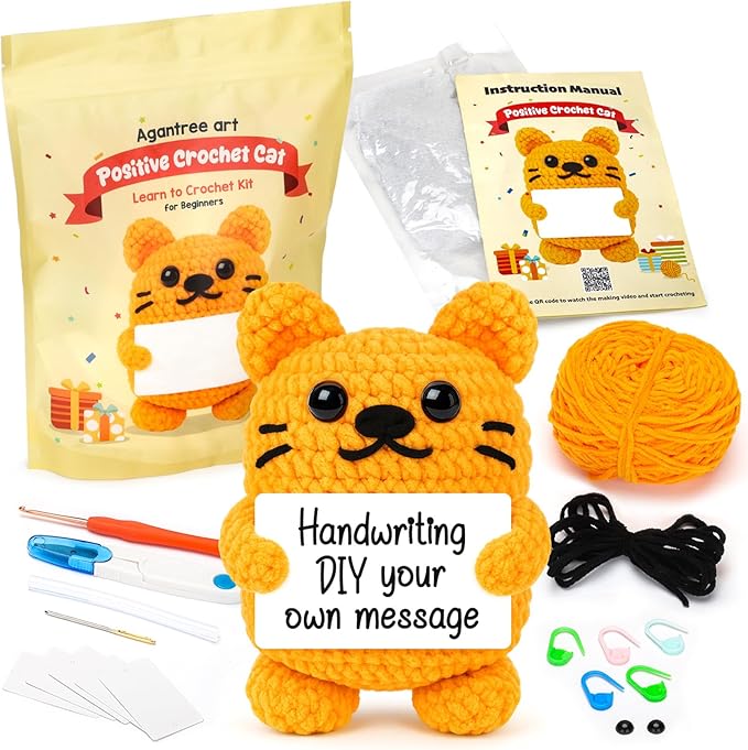 Crochet Kit for Beginners Kids Birthday Easter Basket Stuffers Teens Adults Custom Birthday DIY Gifts for Women Daughter Granddaughter Cat Crochet Kits with Step-by-Step Video Tutorials(40%+ Yarn)