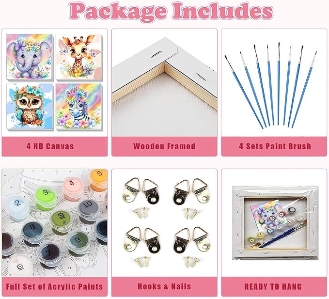 4 Pack Animal Paint by Number for Kids with Wooden Frame, Paint by Numbers for Kids Animals Ages 4-8-12, Easy Elephant Owl Giraffe Zebra DIY Acrylic Oil Painting Kits for Home Wall Decor (8X8 inch)
