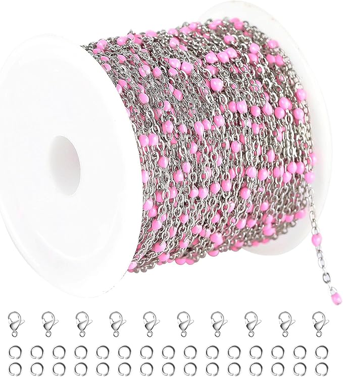 UMAOKANG 10 Meters Stainless Steel Chain for Jewelry Making Pink Enamel Beaded Chains Bulk Women Necklace Bracelet DIY Jewelry Findings