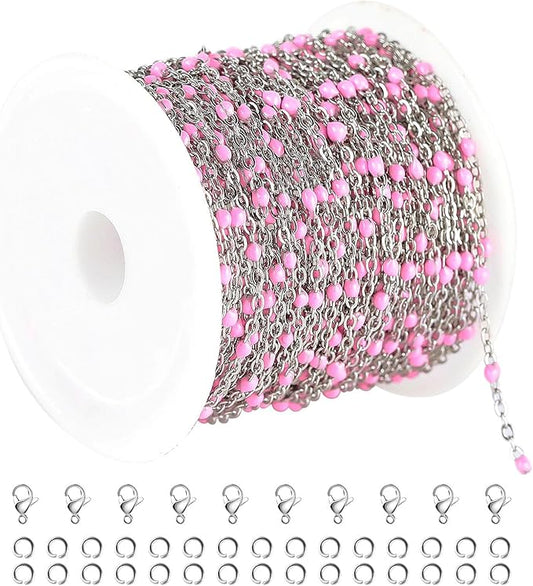 UMAOKANG 10 Meters Stainless Steel Chain for Jewelry Making Pink Enamel Beaded Chains Bulk Women Necklace Bracelet DIY Jewelry Findings