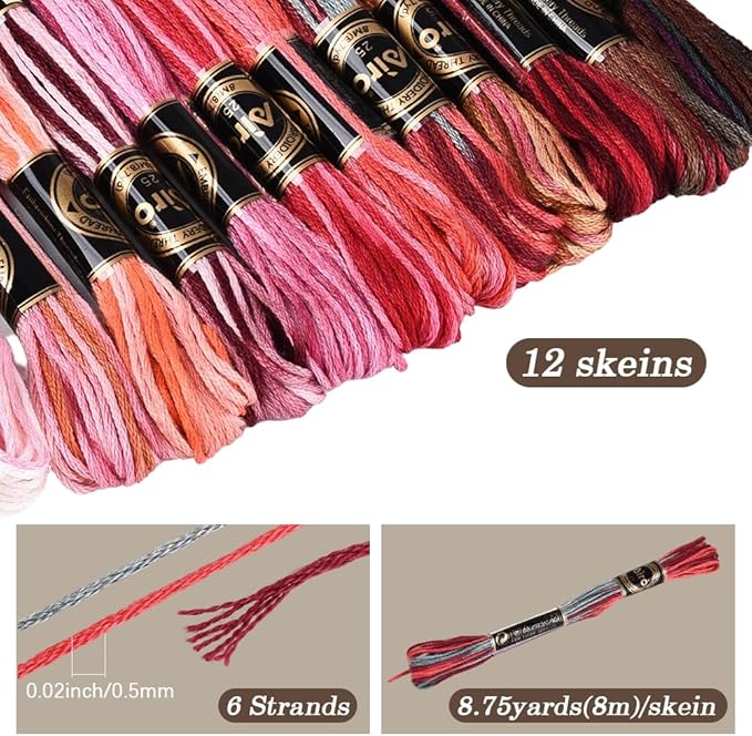 12 Skeins 105 Yards Embroidery Thread Variegated Cross Stitch Floss Bulk 6 Ply Polyester Yarn Colorful Red Friendship Bracelet String for Sewing Making Needlecraft Knitting Clothes Stitching
