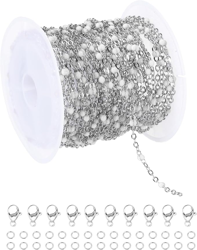 MECCANIXITY Stainless Steel Bead Chain, 16.4 Feet/5M Enamel Beaded Jewelry Link Cable Chains Spool Kit for Jewelry Making, Necklace, Bracelets, DIY Crafts (Silver/White, Pack of 1)