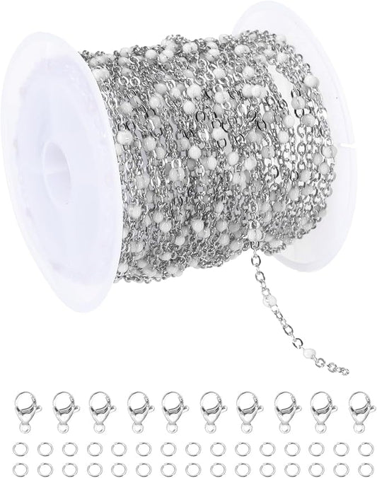 MECCANIXITY Stainless Steel Bead Chain, 16.4 Feet/5M Enamel Beaded Jewelry Link Cable Chains Spool Kit for Jewelry Making, Necklace, Bracelets, DIY Crafts (Silver/White, Pack of 1)
