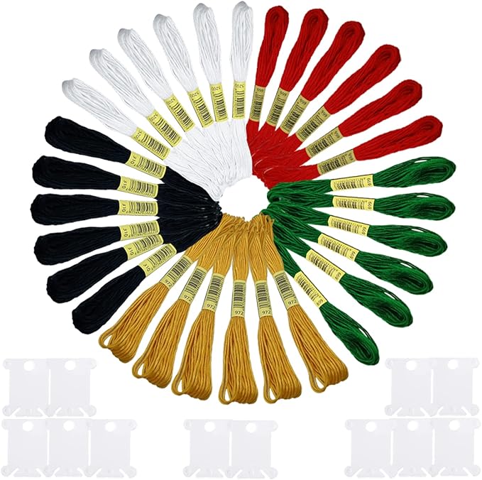 30 Skeins Embroidery Thread,Black White Red Green Golden Embroidery Floss for Cross Stitch and DIY Art Craft,Friendship Bracelets String,with 12 PCS Floss Bobbins
