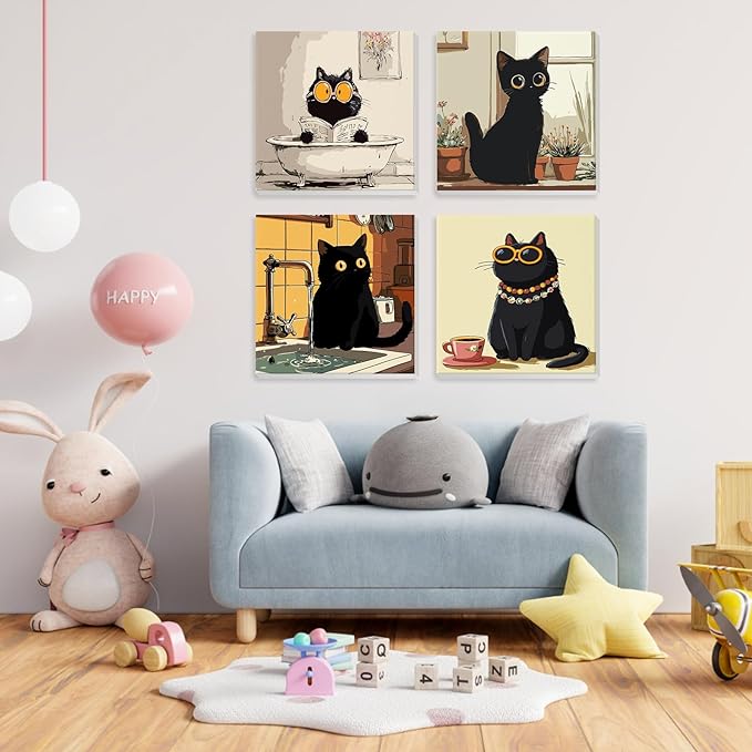 NEWENMO 4 Pack Paint by Number for Kids with Wooden Frame, Funny Cat Paint by Numbers for Kids Ages 8-12, Cute Cats, DIY Acrylic Oil Painting for Beginners for Home Wall Decor 8X8 inch