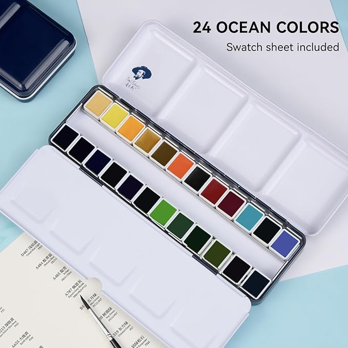 Paul Rubens Professional Watercolor Set - 24 Vibrant Ocean Colors for Seascape Painting, Artist-Grade Travel Watercolor Paints in Portable Metal Tin Box, Ideal for Artists, Beginners & Students