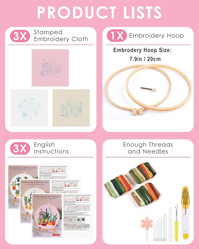TINDTOP 3 Pack Embroidery Kit for Adult, Embroidery DIY Starter Kit, with Stamped Patterns, Hoop, Tools, Colorful Threads with Needles, Instructions