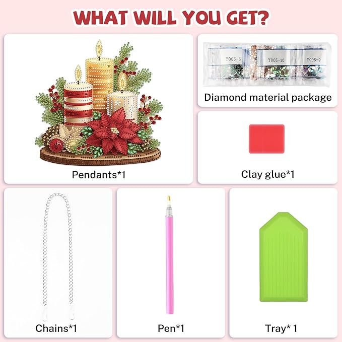 Bowetile Christmas Diamond Art Hanging Kits for Adults, Candle Diamond Art Suncatchers, 5D Special Shape Diamond Painting Pendant Window Ornament Christmas Gifts for Home Door Wall Decor