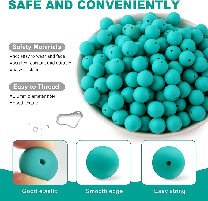 150Pcs 15mm Silicone Beads for Keychain Making Bracelet Necklace, Bulk Round Silicone Beads for Pens(Turquoise)