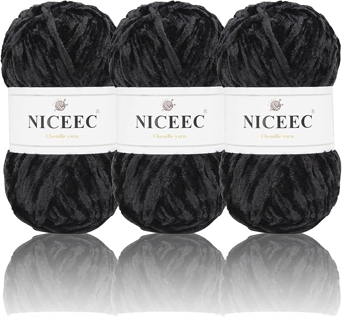 NICEEC 3 Skeins Soft Chenille Yarn Blanket Yarn for Knitting Fancy Yarn for Crochet Weaving DIY Craft Total Length 3×85m (3×93yds, 3×50g)_Black