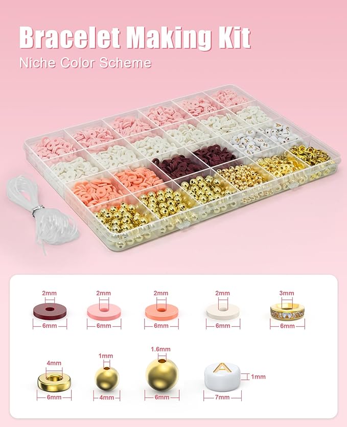 ClaBead Bracelet Making Kit - 3200Pcs Clay Beads With Gold and Letter Beads for Friendship Bracelets (Cute Pink)
