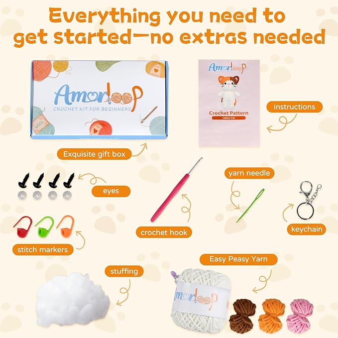 Crochet Kit for Beginners – Easy-to-See Stitches Yarn, Pre-Started Piece, and Step-by-Step Video Tutorials | Starter Crochet Set with Cute Animal Pattern – Original Handmade Calico Cat Pattern