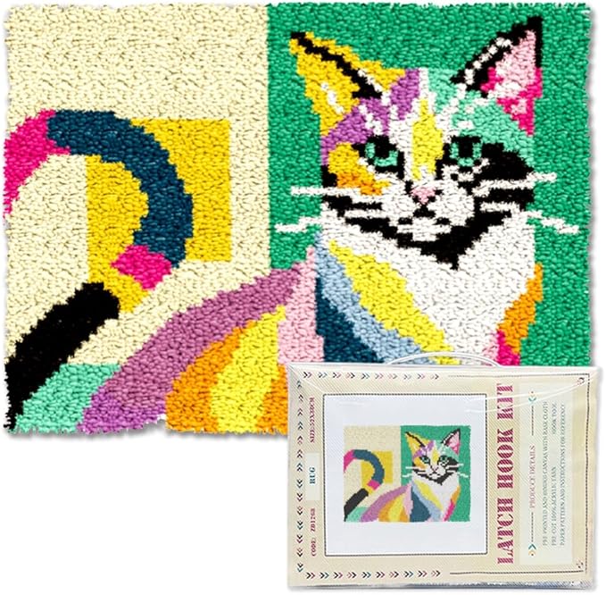 ORIGACH Colorful Abstract Cat Latch Hook Rug Kit for Adults Printed Rug Making Kit Handmade Carpet Tapestry Cover with Hook Latch and Preprinted Canvas, Home Arts Crafts Sofa Decor, 20.5x15inch