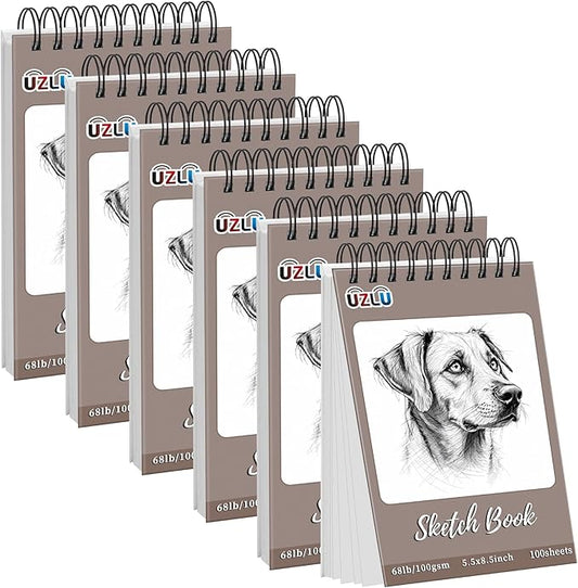 6 Pcs Sketch Book Bulk 5.5 x 8.5 In 600 Sheets Top Spiral Bound Sketch Pad Drawing Paper 100 Sheets Each Acid Free Mixed Media Sketchbook 68lb/100gsm Art Supplies for Beginner Artist