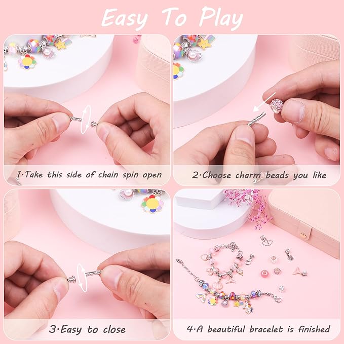 UFU Charm Bracelet Making Kit, 120Pcs DIY Jewelry Making Kit Arts & Crafts Gift for Girls 5 6 7 8-12, A Sweet Birthday Gift & Toy to Inspire Imagination & Creativity, with Portable Jewelry Box