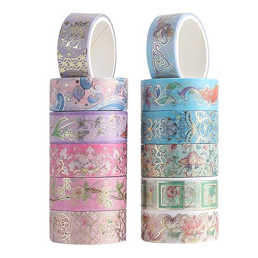 12 Rolls Floral Washi Tape Set, Gold Foil Flower Decorative Washi Masking Tape, Botanical Washi Tape for Scrapbooking, Journal, Planner, DIY Crafts, Gift Wrapping