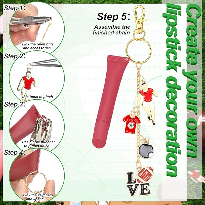 VioraWhite 213 Pcs Lip Gloss Keychain Making Kit 100 Pink Enamel Charms 32.81 ft Gold Chains for DIY Crafts Women(Sports Theme)