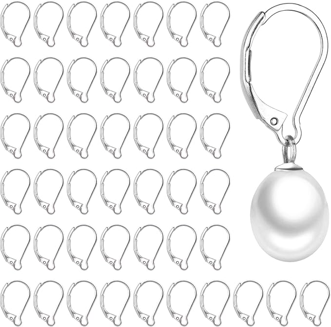 50pcs stainless steel lever back earring clasps, leverback french earring hooks, hypoallergenic ear wire findings for making dangles earrings, smooth to open & close, 10x16mm for jewelry making