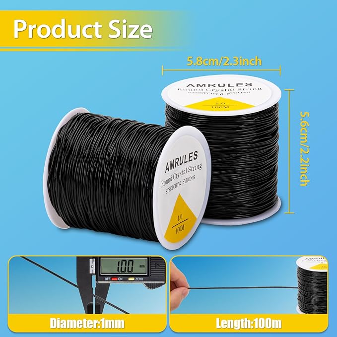 2 Rolls 1mm Elastic String for Bracelets, 656 Feet Crystal Stretchy String Clay Bead Cord for Bracelet Beading Necklace Jewelry Crafts Making, Black
