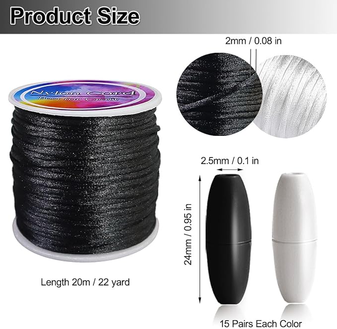 Ewparts Breakaway Clasp Black and White 30 Pcs with 2 Rolls Lanyard String Kit Safety Breakaway Clasps Beads Barrel Connectors for Lanyards with 2mm Nylon Cord for Necklace,Jewellry, id Badges,Keys