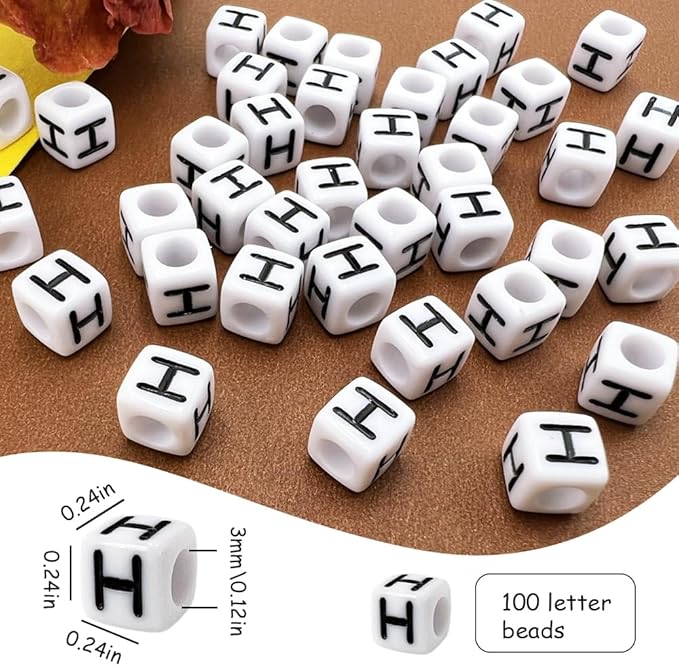 MIIIM 100pcs Pony Beads Letter H for Keychains Making, 6x6mm Large Hole Square Letter Beads for Bracelets Making, Alphabets, Numbers (White and Black)
