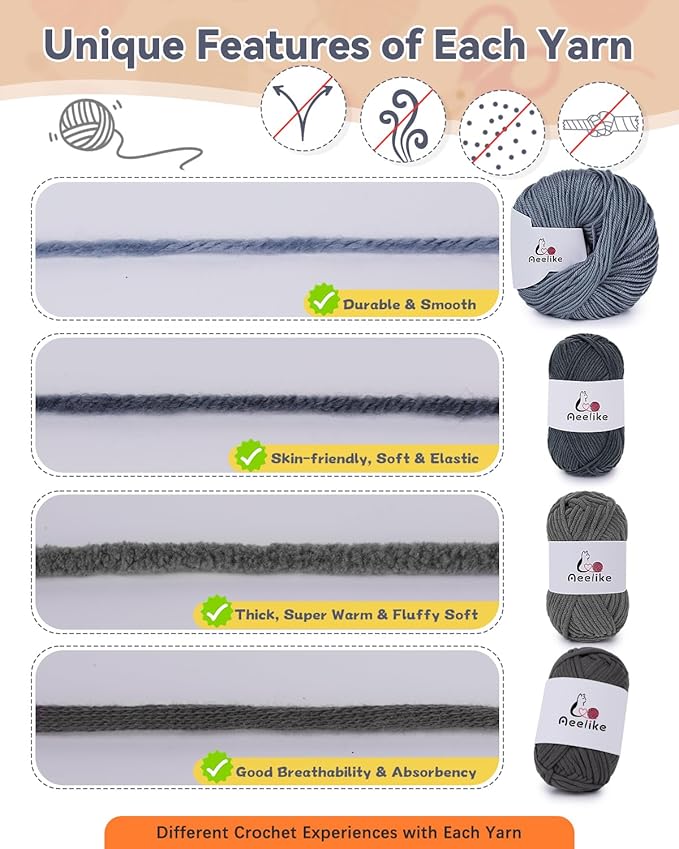 Aeelike Beginner Crochet Yarn Kit w 4 Different Materials Grey Yarns (Polyester, Cotton, Acrylic, Milk Cotton,) & 2 Ergonomic Hooks (G&7), Ideal Starter Crochet Set for Beginners