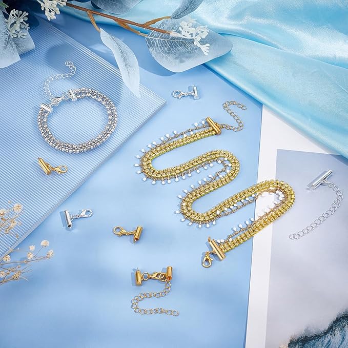 PH PandaHall Gold Silver Tube Slider End Caps 40pcs Multylayers Connector Clasp 10 Size Beading Slide Tube Cord Ends with Lobster Claw Clasps Kit for DIY Multi-Strand Necklace Earring Jewelry Making
