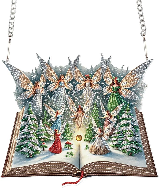 5D Christmas Diamond Painting Pendant Kit, Magic Book with Flying Elf and Snowy Forest, DIY Crystal Diamond Art Hanging Sign for Window, Door & Wall, Fantasy Home Decoration Gift, 24.1 x 20.4 cm
