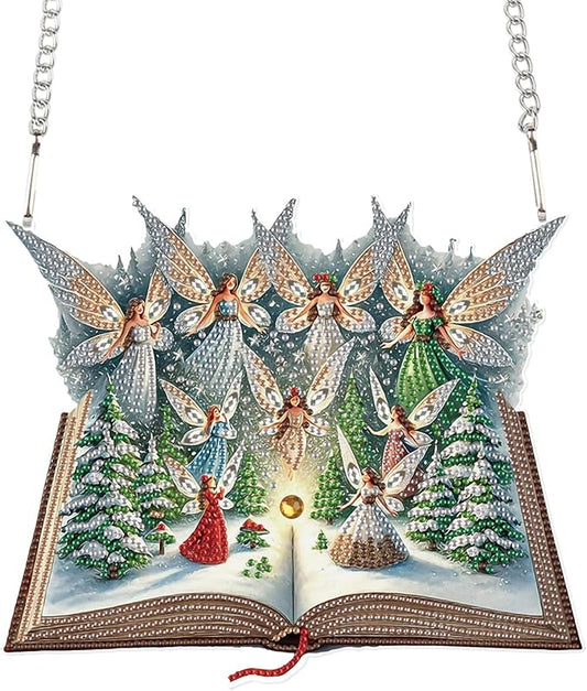 5D Christmas Diamond Painting Pendant Kit, Magic Book with Flying Elf and Snowy Forest, DIY Crystal Diamond Art Hanging Sign for Window, Door & Wall, Fantasy Home Decoration Gift, 24.1 x 20.4 cm